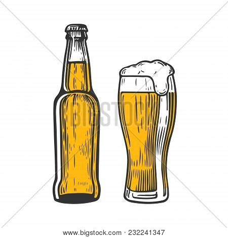 Bottle And Glass Of Beer Isolated On White Background, Hand-drawing. Vector Vintage Engraved Illustr