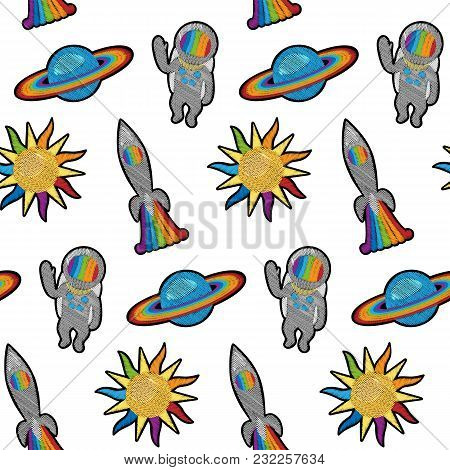 Space Embroidery Patch Seamless Pattern On White Background. Cosmic Fashion Needlwork Repeat Wallpap