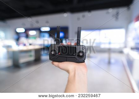 Dron Control Panel Against The Backdrop Of Technology Store.
