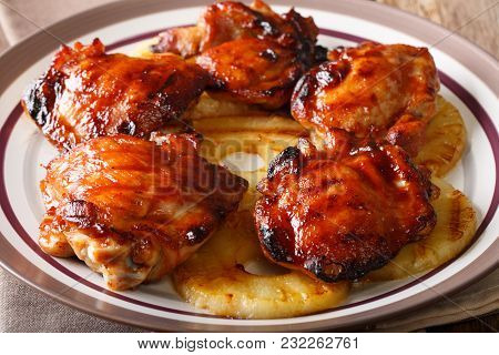 Hawaiian Bbq Huli Huli: Grilled Chicken Glazed With Pineapple Close-up. Horizontal