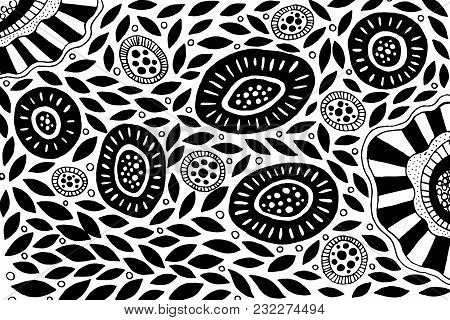 Graphic Flowers And Leaves On White Background. Coloring Page For Adults. Doodle Ethnic Art. Vector 