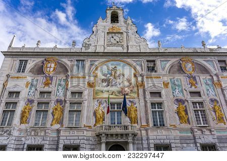 Genoa, Italy - March 9, 2018: View At Palazzo San Giorgio In Genoa, Italy. Palace Was Built In 1260 