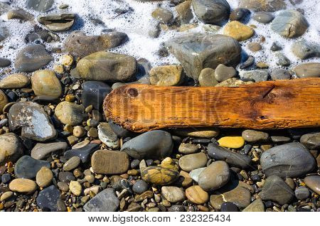 Driftwood, Washed Up By The Sea On A Pebble Beach On A Warm Summer Day