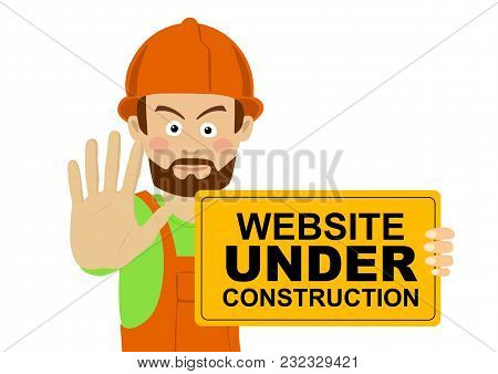 Serious Worker Man Wearing Hard Hat Holding Banner With Website Under Construction Text Showing Stop