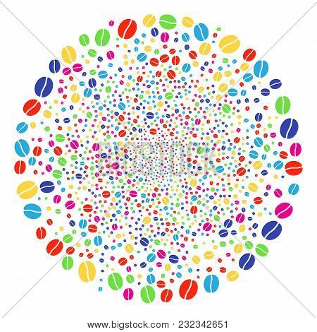 Multi Colored Coffee Bean Fireworks Cluster. Vector Sphere Bang Organized With Scattered Coffee Bean