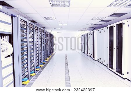 network server room with computers for digital tv ip communications and internet