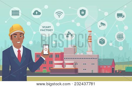 Smart Factory. Dark Skinned Businessman With Phone In His Hand Starts And Manage Huge Plant With App