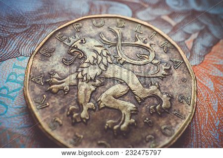 Czech Republic Currency Koruna, Banknote Pattern Background, Close Up. Photo Depicts Czech Cash Shin