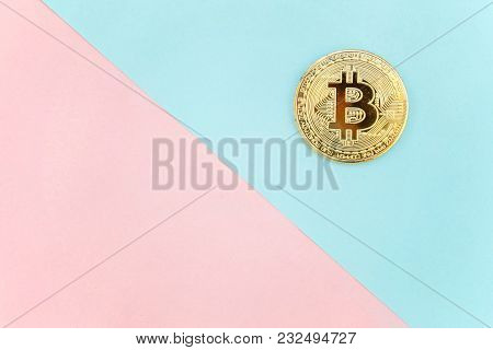 Gold Bitcoin On On Pink And Blue Pastel Geometric Background. Electronic Virtual Money For Web Banki