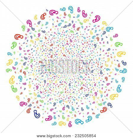 Psychedelic Ear Fireworks Globula. Vector Globula Bang Combined From Scattered Ear Symbols. Bright V