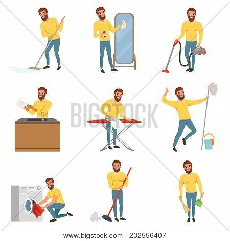 Bearded Man With Different Household Chores. Cleaning Floor With Mop And Vacuum Cleaner, Washing Dis
