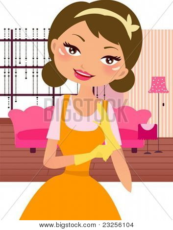若い女の子に手に入れ幸せの黄色のゴム手袋