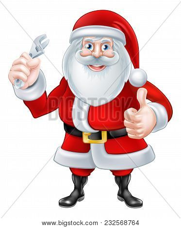 A Christmas Cartoon Illustration Of Santa Claus Holding A Spanner And Giving A Thumbs Up