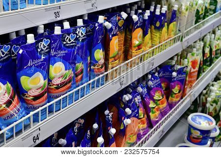 Moscow, Russia - March 18. 2018. Different Mayonnaise On The Counter In Perekrestok Store