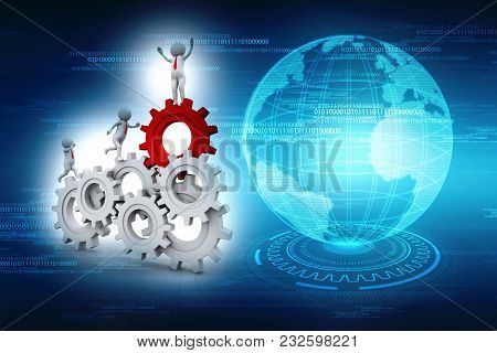 3d People - Man, Person Running In Gear Wheels. Businessman And Gear Mechanism