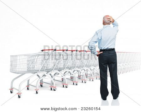Vista traseira do homem de pé e carrinho 3d