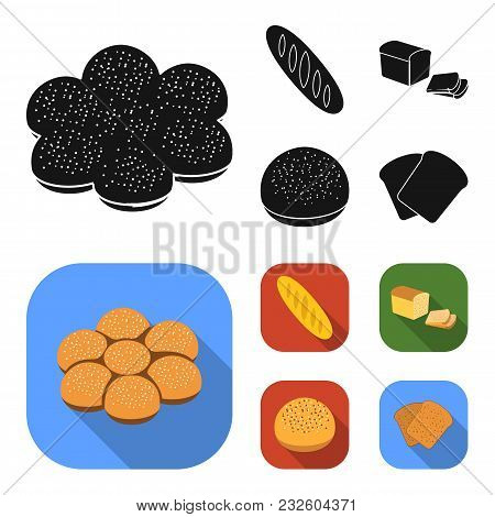 Cut Loaf, Bread Roll With Powder, Half Of Bread, Baking.bread Set Collection Icons In Black, Flat St