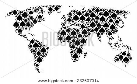 Global World Atlas Composition Created Of Peaks Suit Icons. Vector Peaks Suit Pictograms Are Combine
