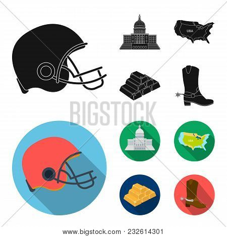 Football Player Helmet, Capitol, Territory Map, Gold And Foreign Exchange. Usa Country Set Collectio