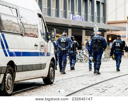 Strasbourg, France  - Mar 22, 2018: Police Force Surveillance Of Demonstration Protest Against Macro