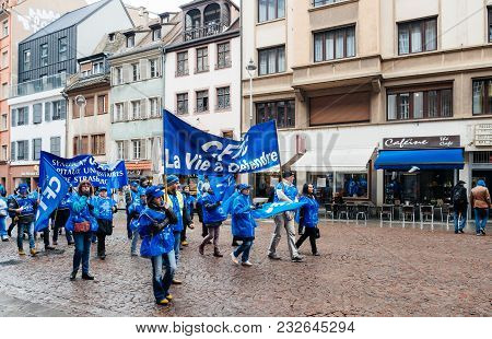 Strasbourg, France  - Mar 22, 2018: Medical Personell At Demonstration Protest Against Macron French
