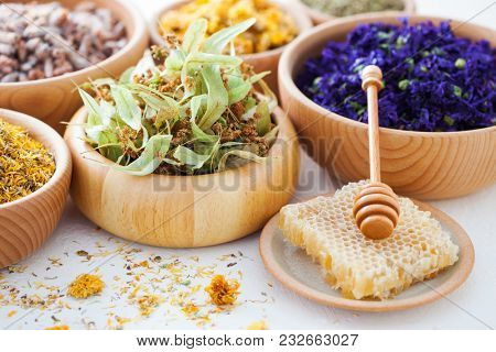 bowls full of different herbs and tea - alternative medicine