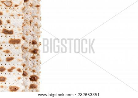 Matzah. Jewish Traditional Passover Bread. Pesach Celebration Symbol. Isolated On White. With Some F