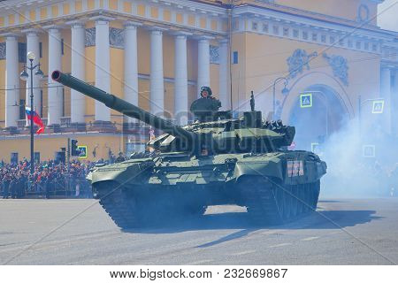 Saint Petersburg, Russia - May 09, 2017: Russian Tank T-72b3 Close-up. Fragment Of The Military Para