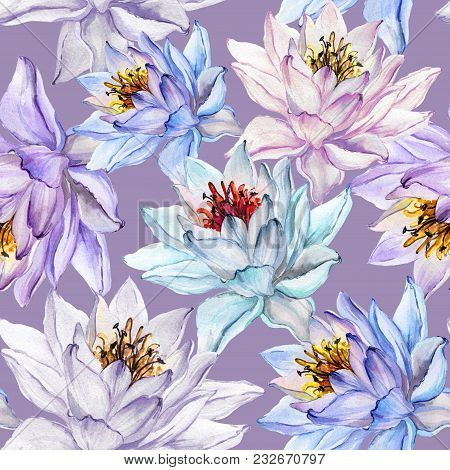 Beautiful Floral Seamless Pattern. Large Colorful Lotus Flowers On Lilac Background. Hand Drawn Illu