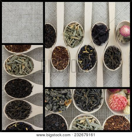 Collage Of Different Varieties And Types Of Tea In Assortment. The Ability To Write Text. Square Col