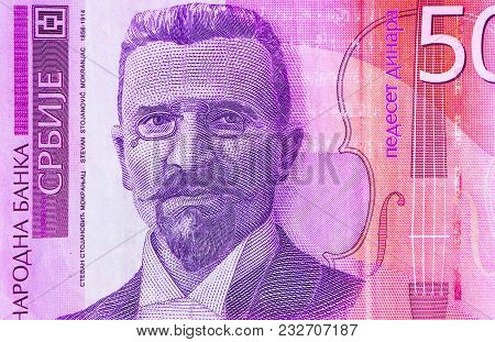Serbian 50 Dinar Currency Banknote, Close Up. Serbia Money Rsd Cash, Macro View, Portrait Of Stevan