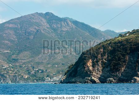 Beautiful Summer Levanto Village Coast View From Excursion Ship. Right Near Famous Cinque Terre Nati