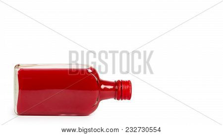 Glass Bottle With Red Tincture Isolated On White Background. Alcohol Problem. Copy Space, Template.