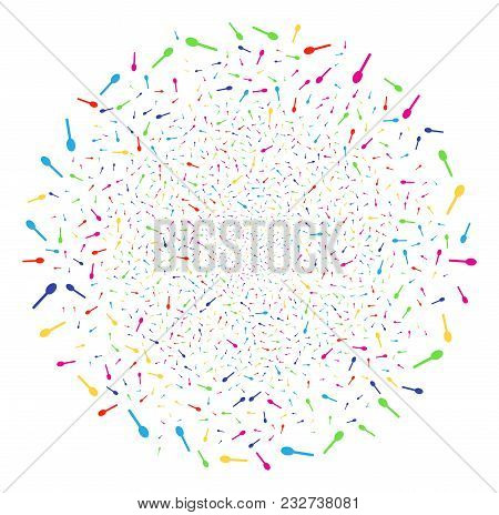 Bright Spoon Sparkler Cluster. Vector Cluster Burst Done By Random Spoon Symbols. Multi Colored Vect
