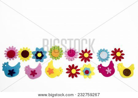 Background With Funny Figures Of Chickens And Flowers From Felt. Easter Card