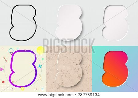 Vector Illustration Set Of Cute Bold Rounded Number Five Lettering With Outline, 3d Paper Cut, Embos
