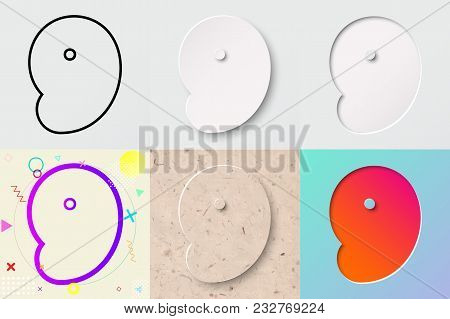 Vector Illustration Set Of Cute Bold Rounded Number Nine Lettering With Outline, 3d Paper Cut, Embos