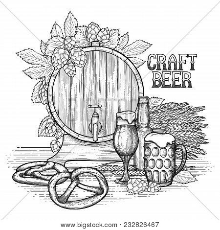Graphic Barrel Of Beer Decorated With Hops, Malt Bunch, Two Types Of Beer Galsses, Bottle And Pretze