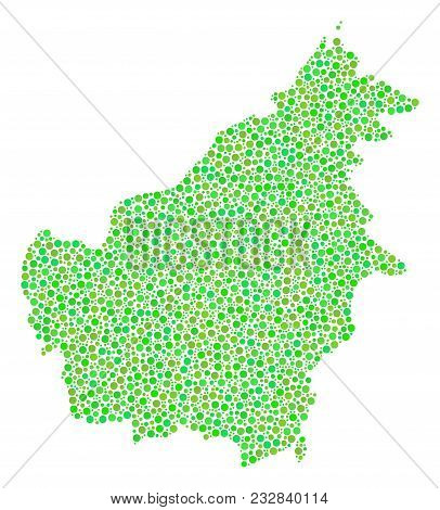 Borneo Island Map Collage Of Round Dots In Different Sizes And Green Color Tinges. Circle Dots Are U