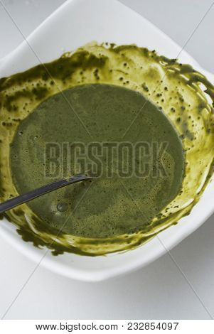 Organic Japan Green Matcha Tea In A Bowl. Preparing Green Matcha Cake.