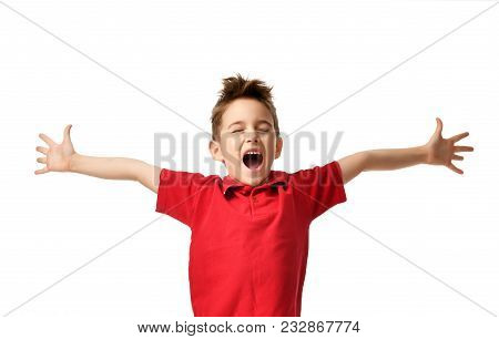 Young Boy Kid In Red Polo T-shirt Celebrating Happy Smiling Laughing With Hands Spreading Isolated O