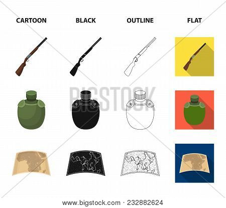Hunting Rifle, Flask In The Case, Map, African Mask. African Safari Set Collection Icons In Cartoon,