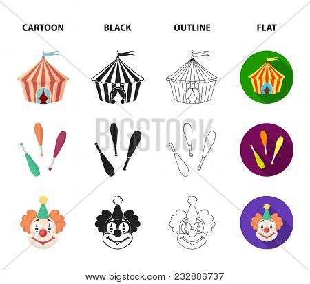 Circus Tent, Juggler Maces, Clown, Magician Hat.circus Set Collection Icons In Cartoon, Black, Outli