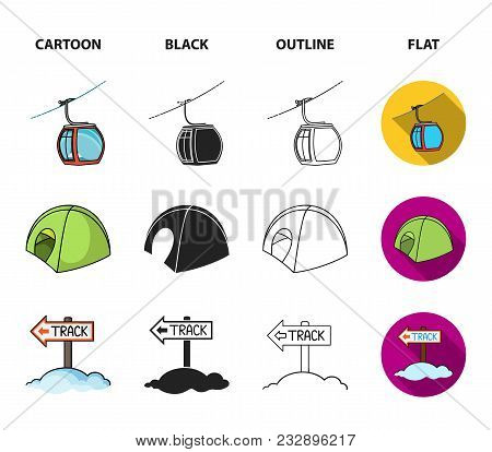 Funicular, Tent, Road Sign, Snow Cannon. Ski Resort Set Collection Icons In Cartoon, Black, Outline,