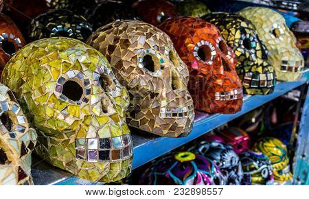 Playa Del Carmen, Mexico - 05/17/2017 -  Decorative Mayan Skulls In Playa Del Carmen, Mexico