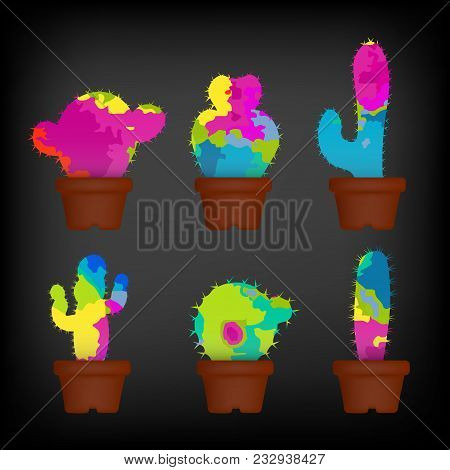 Colorful Cactuses In A Pots Set. Colorful Concept Vector Illustration. Colorful Concept Vector Illus