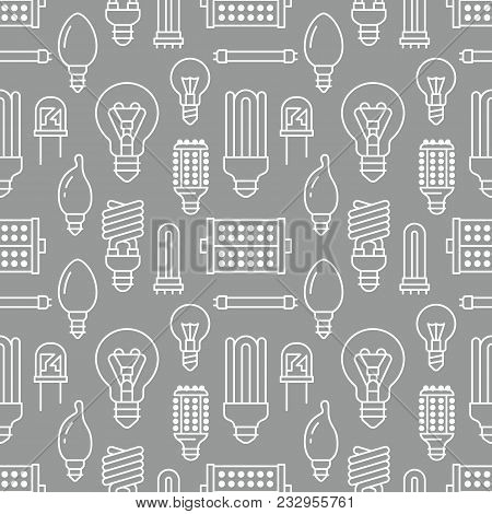 Light Bulbs Seamless Pattern With Flat Line Icons. Led Lamps Types, Fluorescent, Filament, Halogen, 