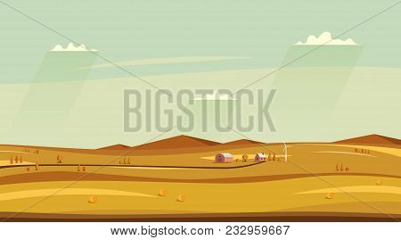 Autumn Counryside Landscape. Horizontal Rural Sideview Landscape. Fields And Farm House, Sky With Cl