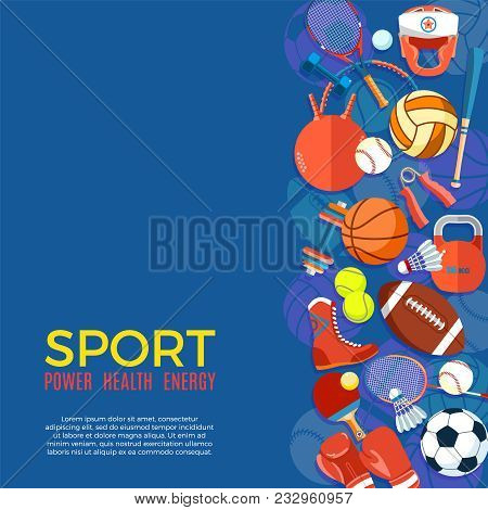 Banner Of Sport Balls And Gaming Equipment. Poster With Text Sport For Banner, Sticker, Web. Healthy