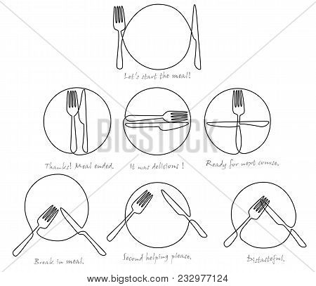 Cultery And Plate Language One Line Drawing - Culinary Background With Knife And Pork